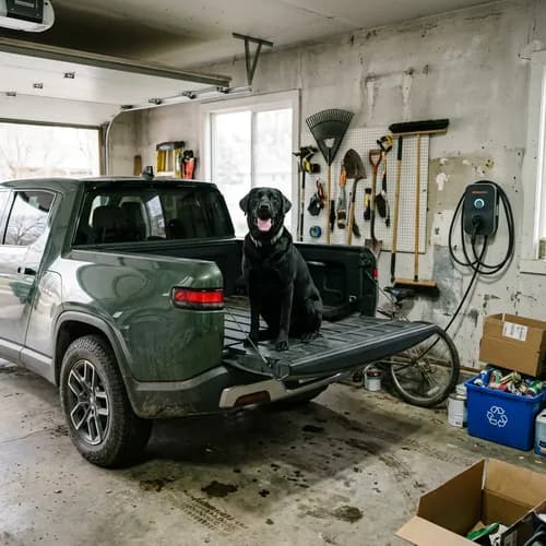 Rivian R1T plugged into ChargePoint Home Flex